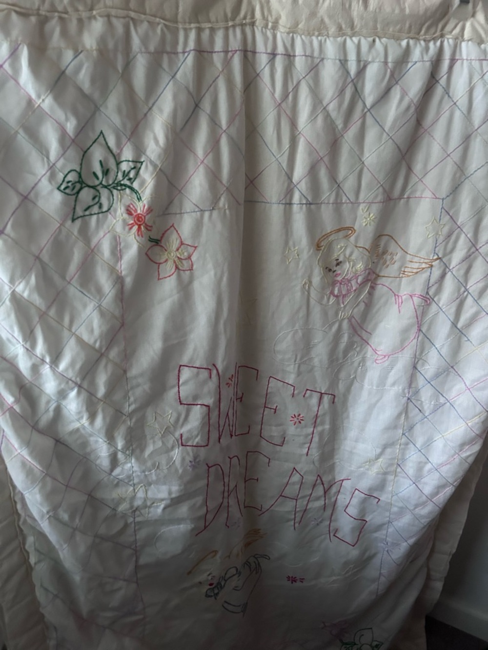 Vintage White Quilt with Pink and Green Embroidery